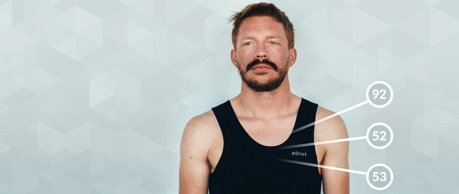 Man wearing eShirt® with sensor callouts for heart rate, respiration, and temperature.