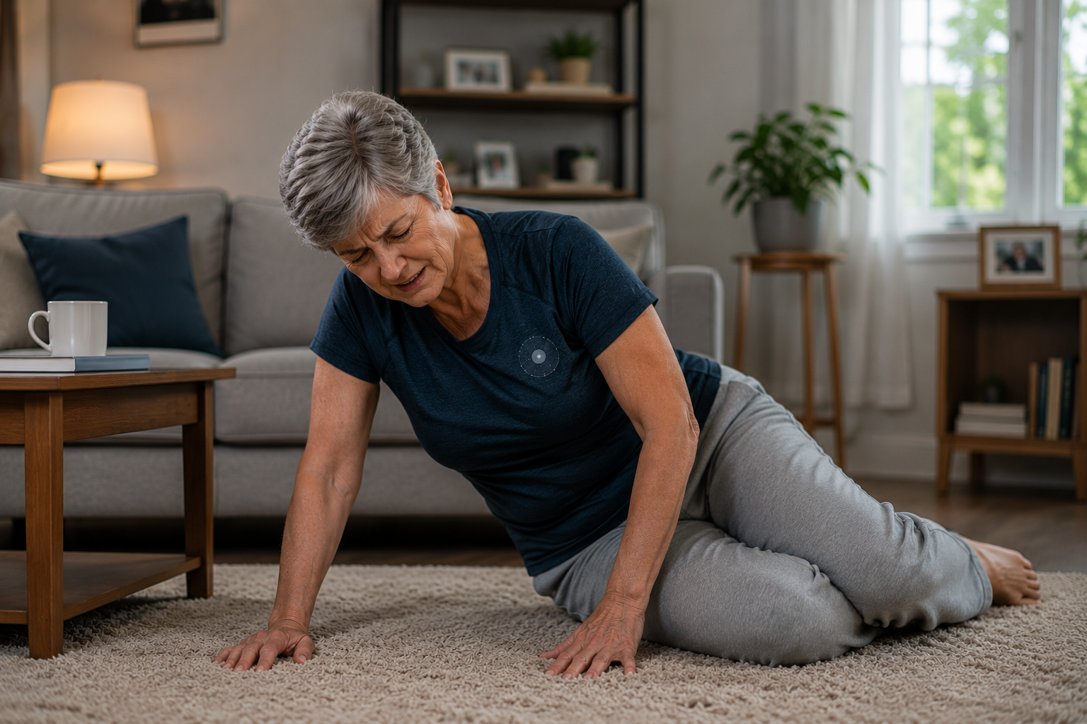 Older adult at home wearing eShirt, supported by continuous monitoring