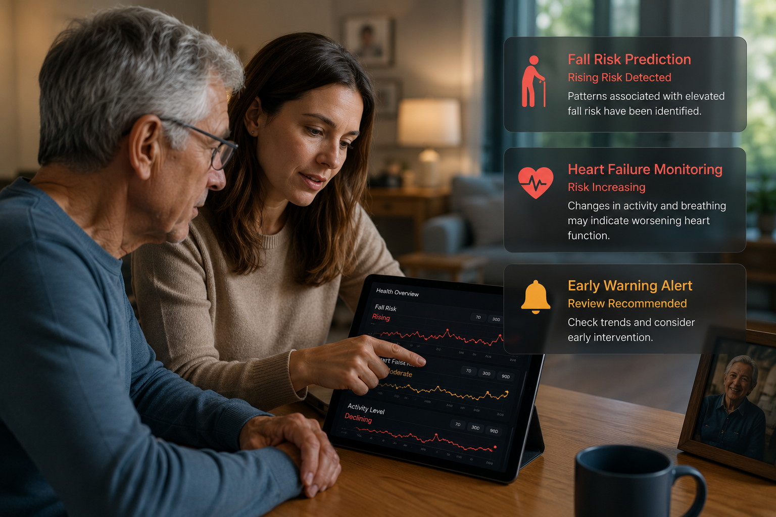 Family reviewing eShirt health overview with fall risk, heart failure, and early warning alerts