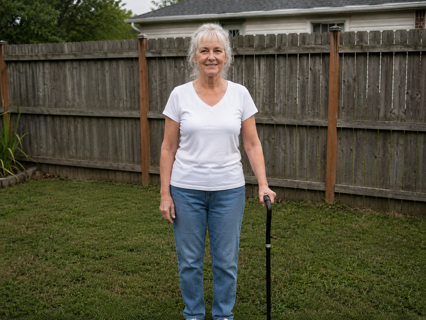 Older adult standing outdoors with a cane, representing post–hip fracture recovery
