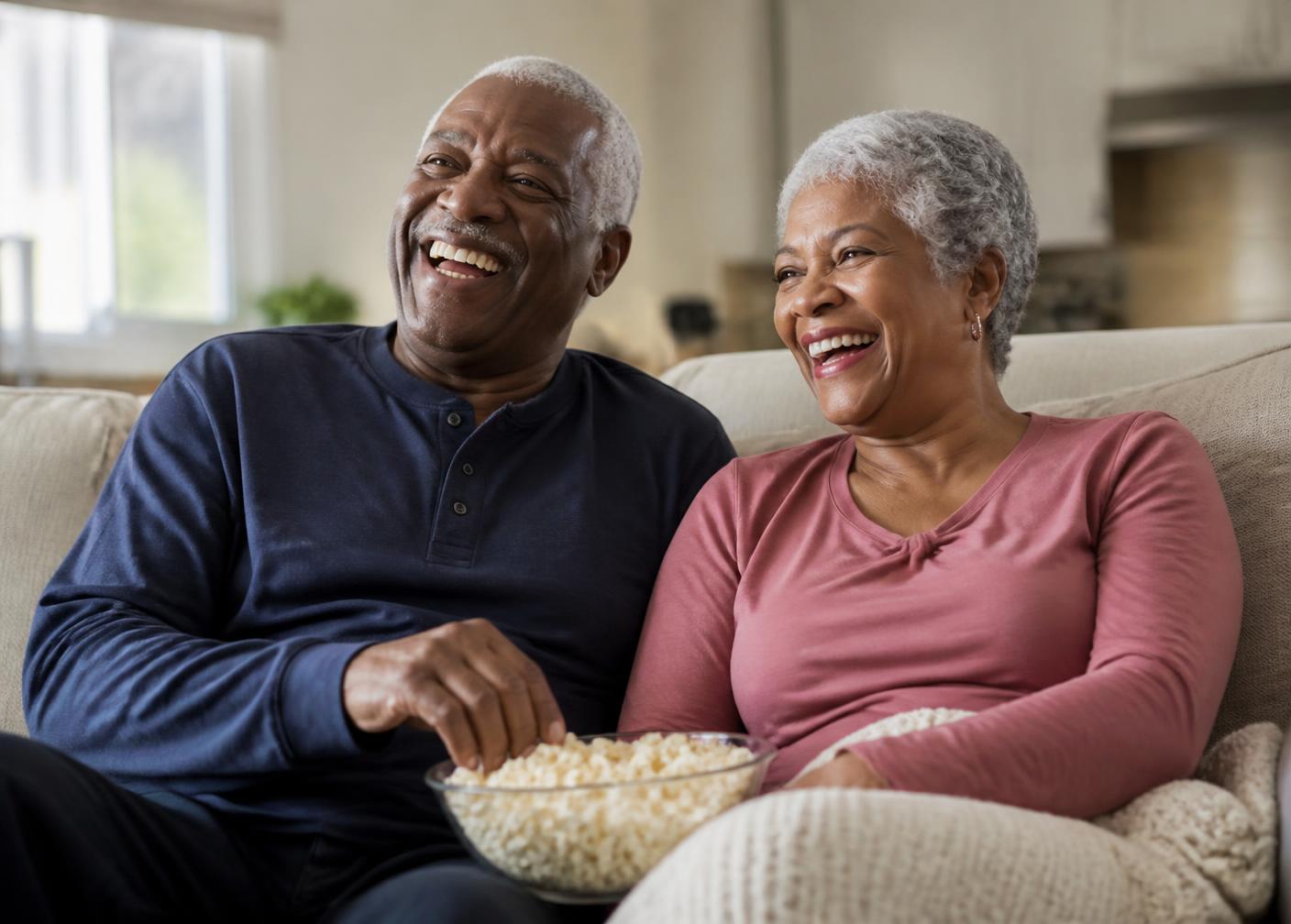 A couple in their late sixties laughing together on the sofa at home.