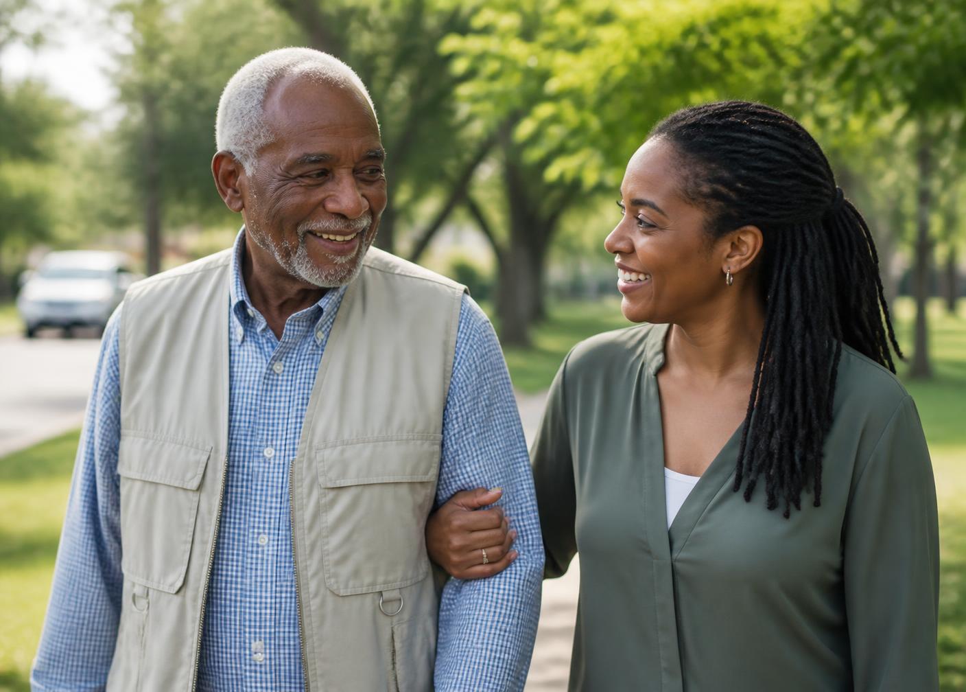 An older man walking outdoors with his adult daughter.
